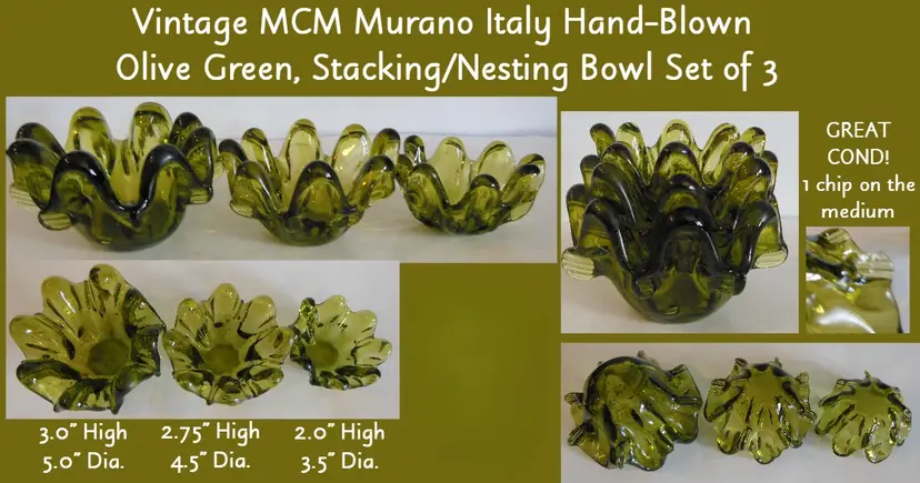 Vintage MCM Murano Italy Hand Blown Olive Green Nesting Bowl Set of 3