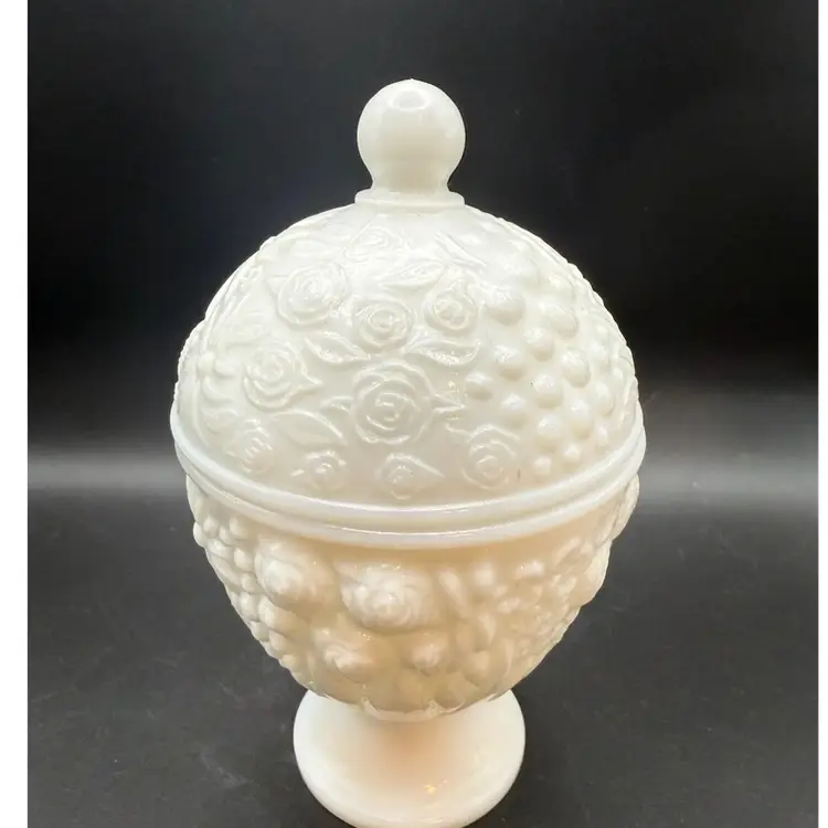 Vintage Avon White Milk Glass Floral Pedestal Candy Dish With Lid