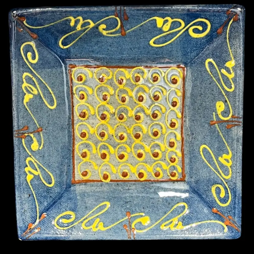 Greek -Studio Pottery -Square Serving Tray, Trinket Dish, Signed “M. Michalis” (Μ. ΜΙΧΑΛΗΣ) – Hand-painted Blue w/ Raised Yellow & Red Accents, ~ 7.75”- Redware