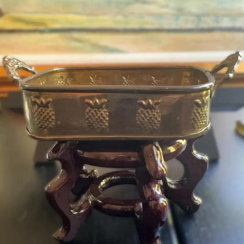 Vintage Small Brass Tray Pineapple Embossed Rim Handles 7”