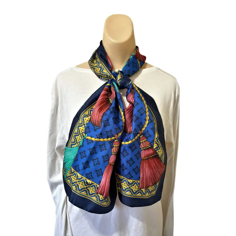 70s AVON Tassel Rectangle Scarf Made Italy Vintage Retro Long 11x54 Blue Yellow Red