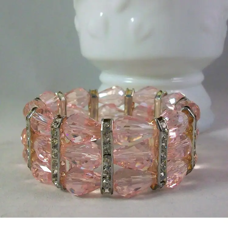 Handcrafted Pink Crystal Teardrop Beads Stretch Cuff Bracelet Clear Rhinestone Accent Spacers