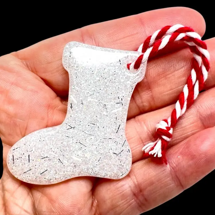 White and Silver Glitter Stocking Winter Christmas 1-3/4” Ornament. Handmade by me 🫶