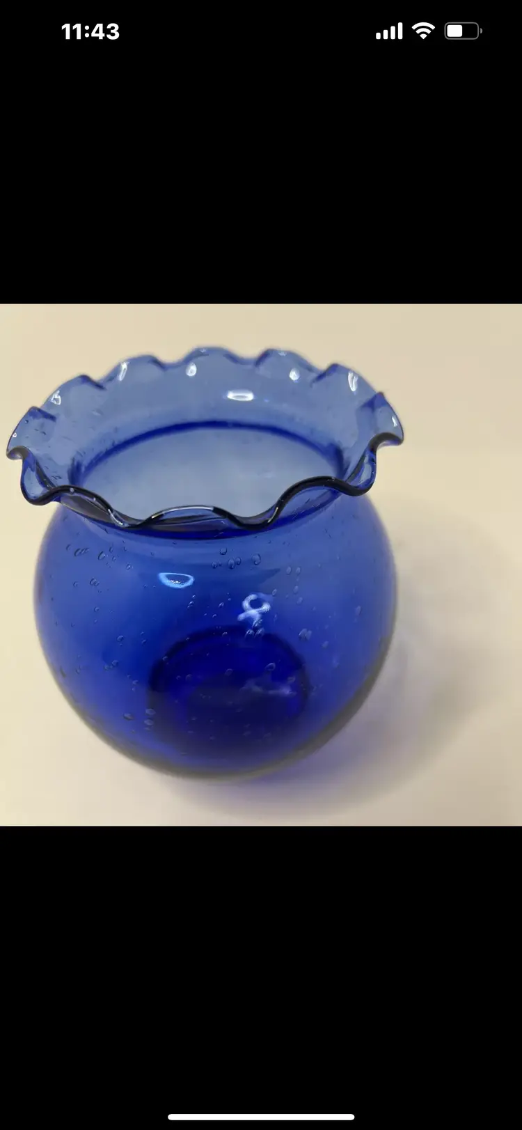 Indiana Glass Cobalt BIue Ruffled Rim “Bubble Glass” Ivy Bowl Vase
