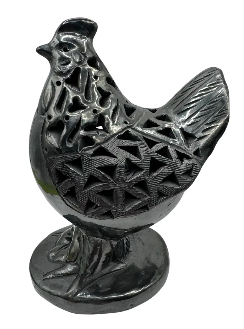 Oaxaca Mexico Black Clay Pottery Chicken Bird Figurine Hand Carved 6.5”