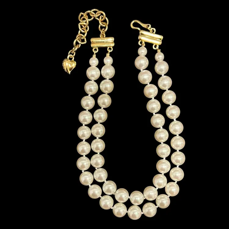 Carolee Double Strand Faux Pearl Knotted Gold Tone  Necklace Signed