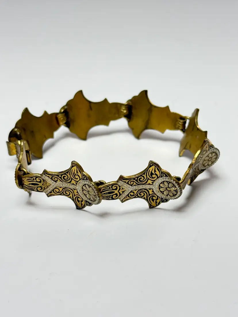 Vintage 7.5" Spanish Damascene Link Panel Bracelet Gold Tone Victorian Revival