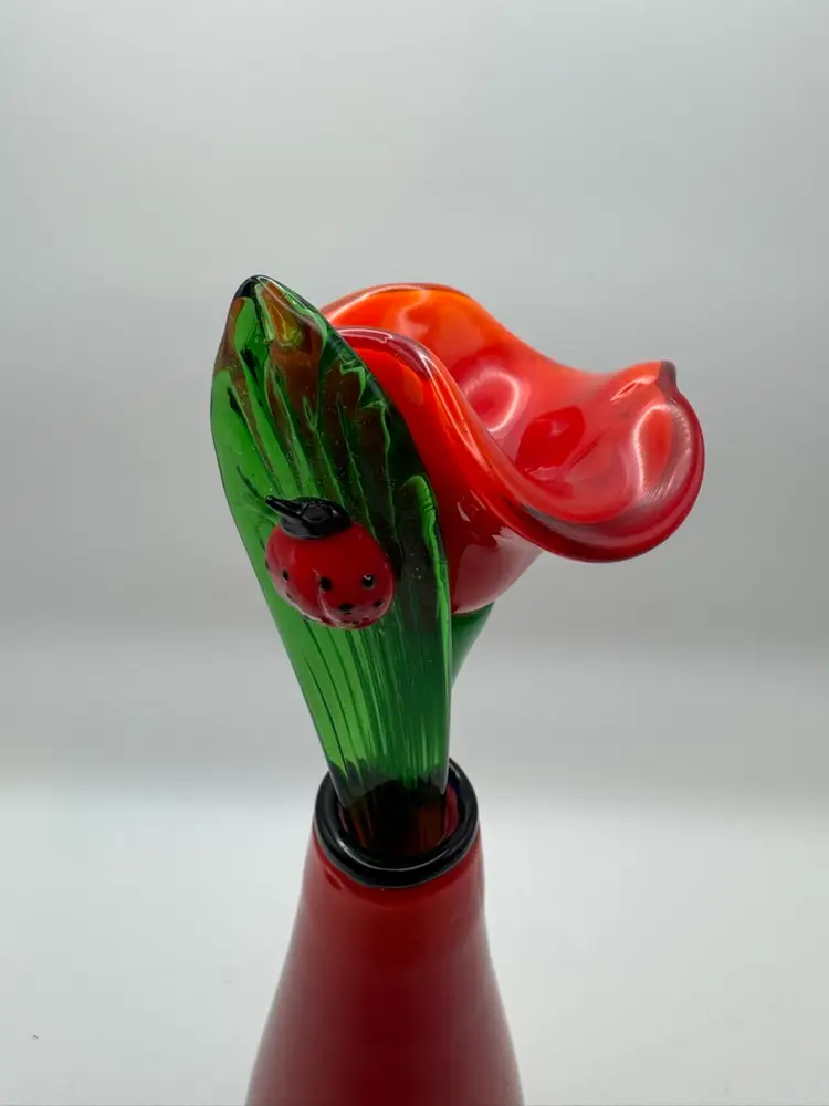#01 Glass Set - Stem With Ladybug, Glass Flower And Glass Vase (Vase 6.5”, Flower 8”, Stem 8”