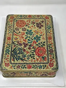 Floral Tin Storage Box with Hinged Lid Made in England