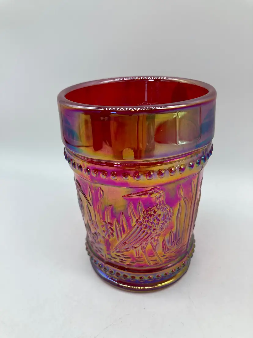 Fenton Stork & Rushes 100th Anniversary Red Carnival Glass With Sticker