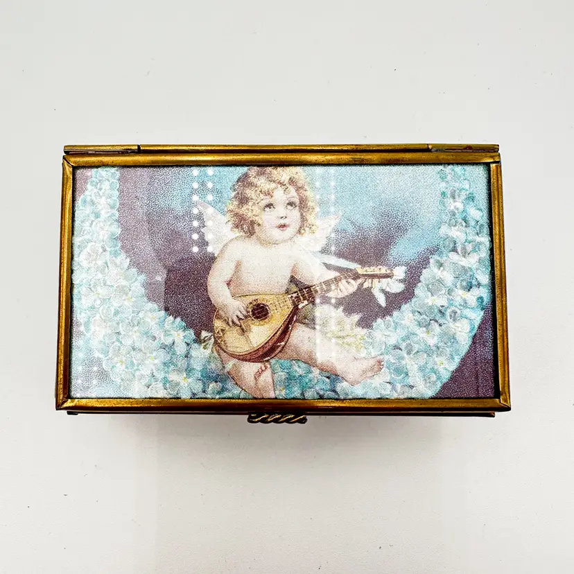 Via Vermont Cherub Angel Music Trinket Box Brass Glass Plays "Memory" 4" x 3" B25