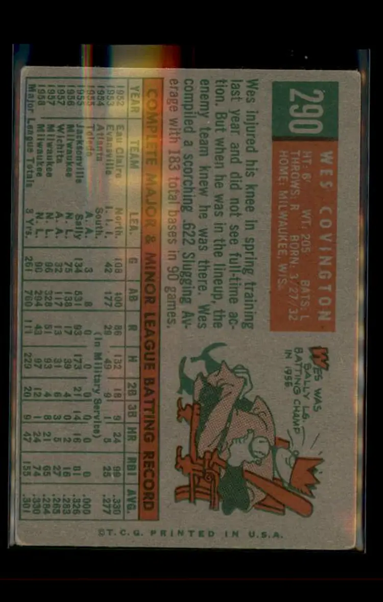 1959 Topps #290 Wes Covington - (pk4) - Milwaukee Braves