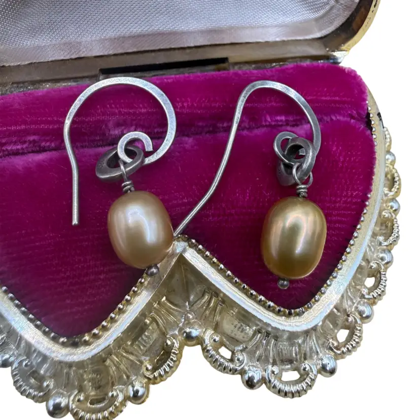 Vintage Silpada Retired Oxidized Sterling & Copper Pearl Dangle Earrings