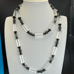 Chico’s Necklace, Gunmetal Gray Clear And Rhinestone 40” Long