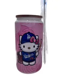 Los Angeles Dodgers Hello Kitty Glass Tumbler W/ Bamboo Lid, Straw And Cleaner - 16 Oz