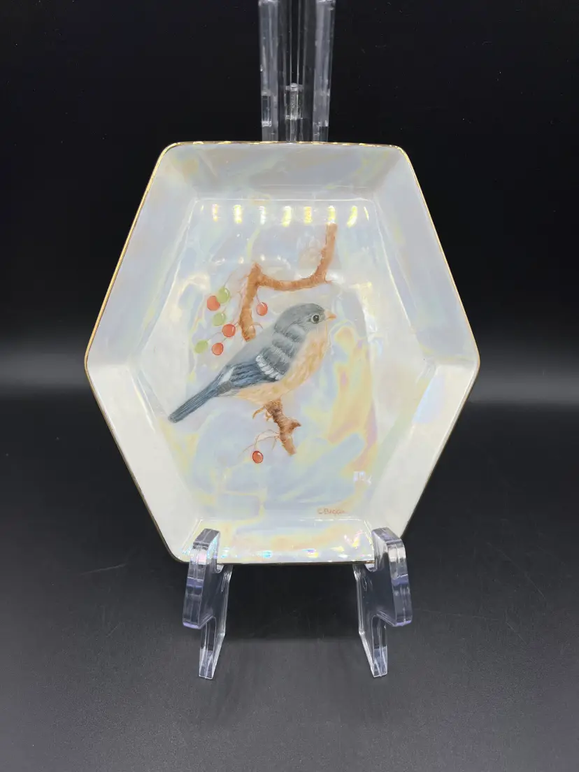 Vintage Handpainted Bird Dish Artist Signed Bull Finch Lustreware C Becker Bird Painting Artisan Painted Bird on Porcelain Finch Dish 1940s