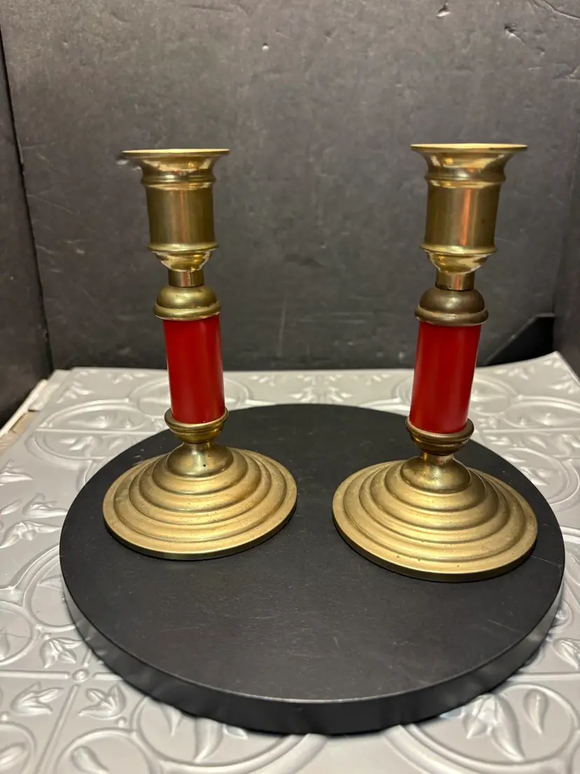 Vintage Set of Brass And Red Candlestick Holders