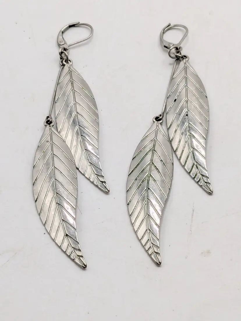 Silver Tone Leaf Dangle Earrings