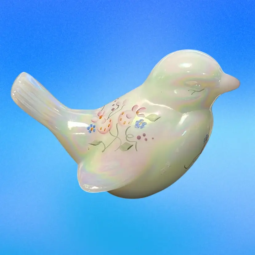 Fenton Iridescent White Glass Song Bird Hand Painted And Signed By Artist And Stamped Slight Green Undertones