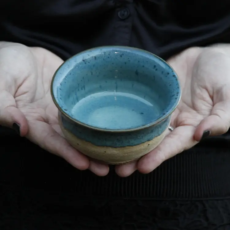 Luna's Aqua Blue Half Glaze Bowl with Flared Rim, 4.5" width