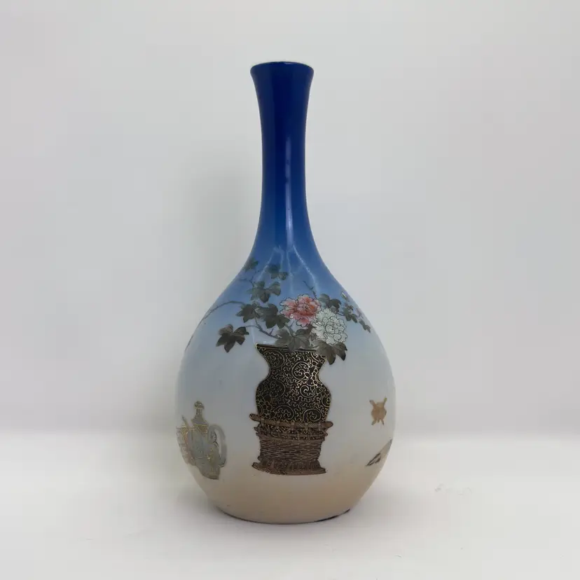 Blue Gradient Moriage Vase: Antique Japanese Kasugai Porcelain, Gilded Florals, 9.5" (0219-25)