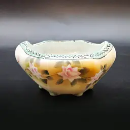 Antique Nippon Hand-Painted Rose Footed Bowl Moriage Scalloped Dish
