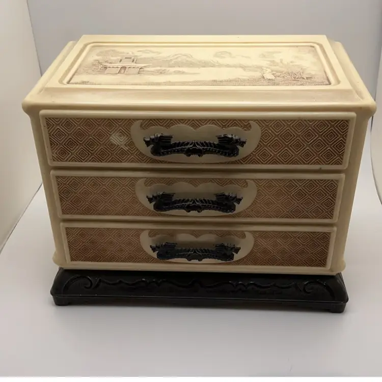 VTG Yellow Celluloid w/ Black Dragon Handles 3 Drawer Jewelry Box Japan 5.5” x 7.5” x 5”