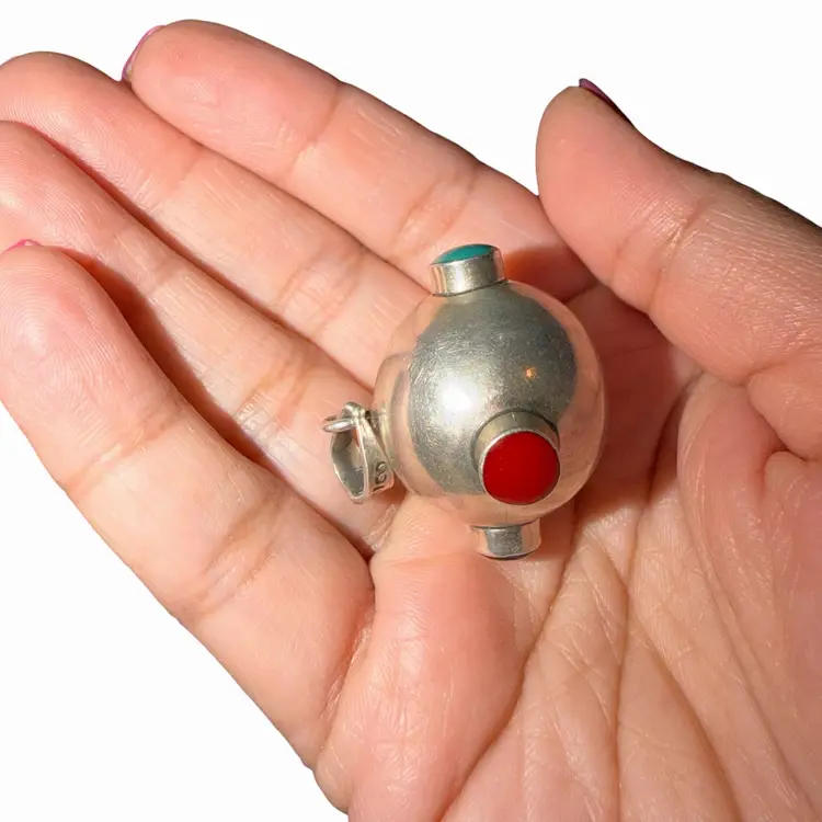 Midcentury Taxco Sterling Harmony Ball Turquoise Coral Onyx Chime Pendant