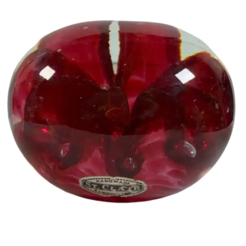 014. Vintage St Clair Large Red Floral Paperweight 3.5” x 3”