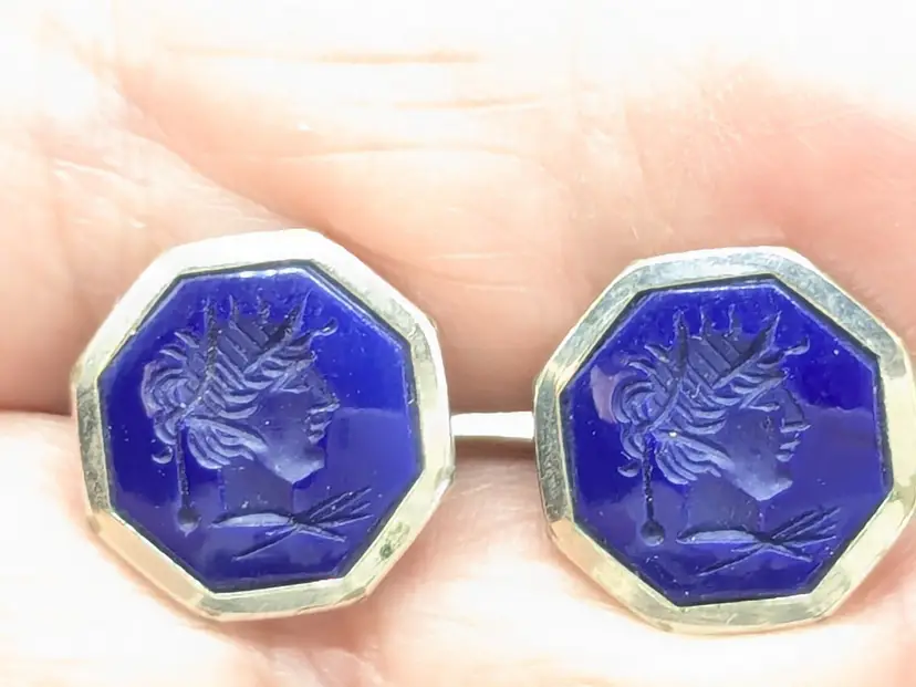 Vintage Hickok Blue Intaglio Cufflinks Silver Tone Roman Men's Jewelry