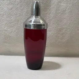 Vintage Mid Century Ruby Red Glass Chrome Cocktail Shaker Bullet Shaped Top