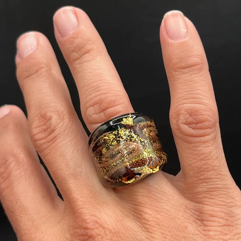 #08 Black & Brown Gold Foil Wide Art Glass Ring Sz 5”