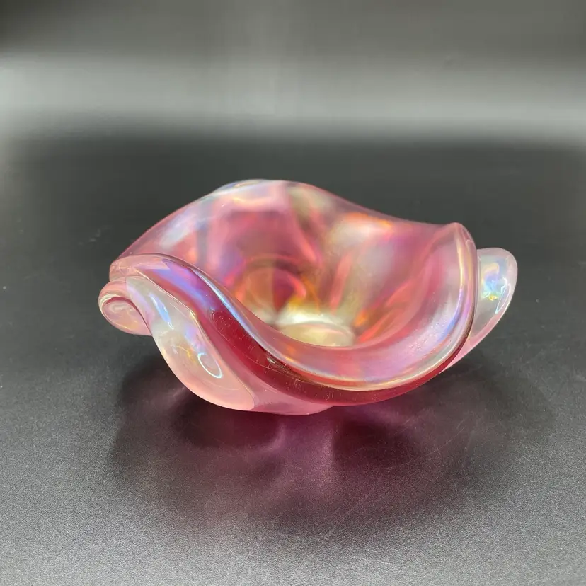 Pink Iridescent White Opalescent Art Glass Bowl Dish MCM Vintage
