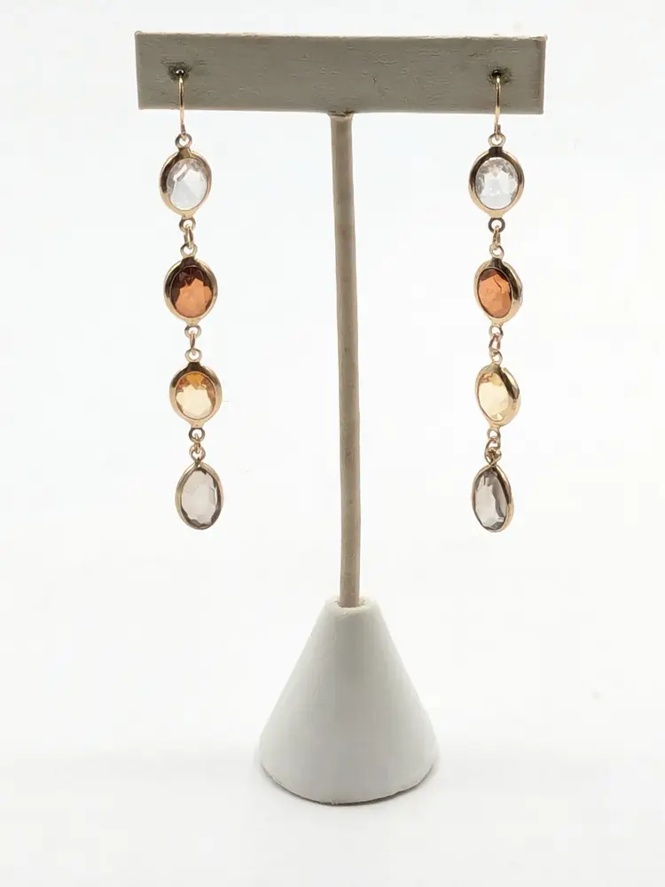 Gold Tone Bezel Set Citrine Color Pierced Dangle Earrings