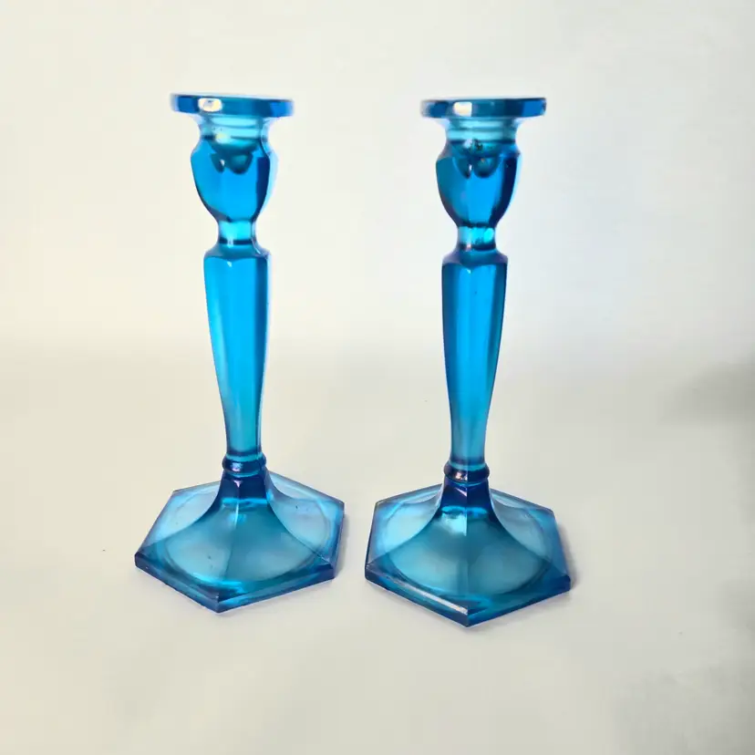 242  Antique Fenton Florentine Celeste Blue Candlesticks Carnival Glass 1920s Pair
