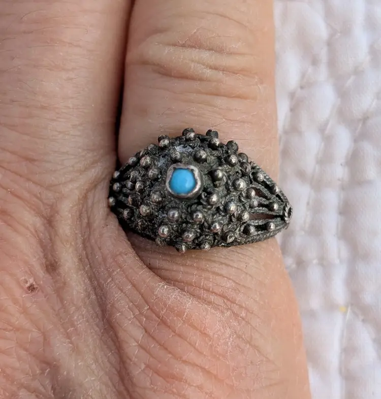 Vintage Sterling Silver Dome Ring with Petite Turquoise Stone, Size 6.5