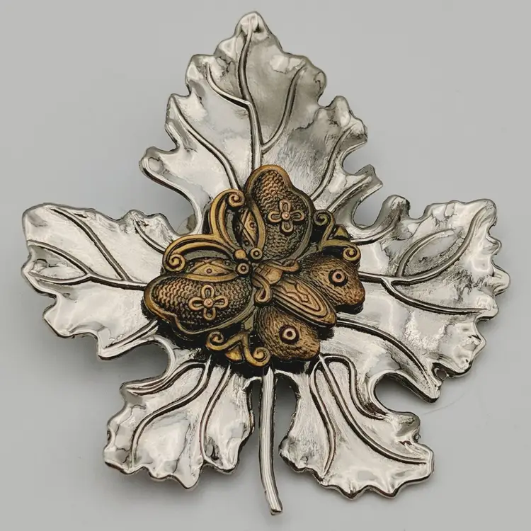 Sylvia Dahl Copper Tone Butterfly On a Silver Tone Oak Leaf Scarf Tie Clip