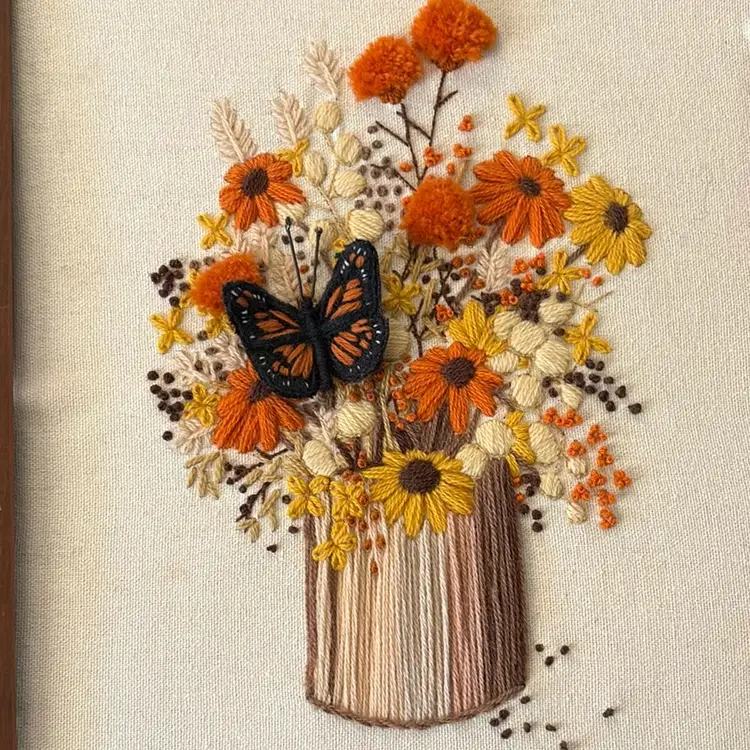 Crewel - Vintage 
Wood Framed 19x15x1.5
Butterfly And Flower Arrangement In Orange, Yellows And Browns
