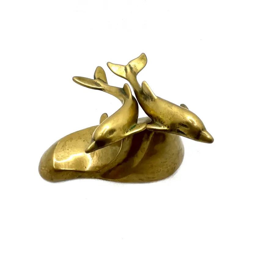 Vintage Brass Two Dolphins Swimming On Wave Statue  Figurine Coastal Beach Decor