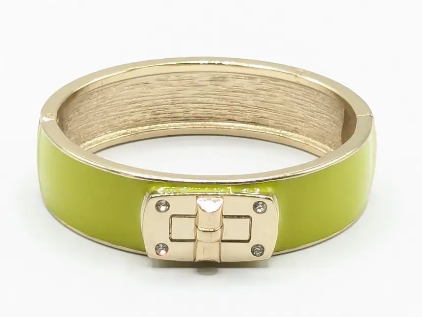 Gold Tone Enameled Neon Green Bracelet Clamper Hinged