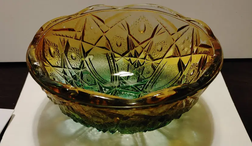 Vintage Jeanette Glass Flashed Bowl- amber and green. Read listing