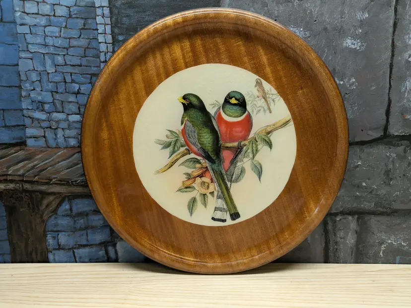 Mahogany Hand Inlaid Birds Design Mahoganite Serving Tray Stainless Alcohol Waterproof 14in 50s Barware