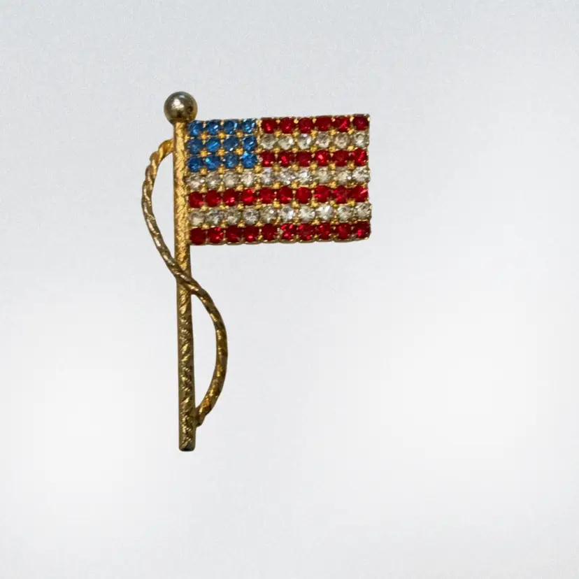 Vintage 1980’s GoldTone Prong Set Rhinestone American Flag Brooch 2.05”