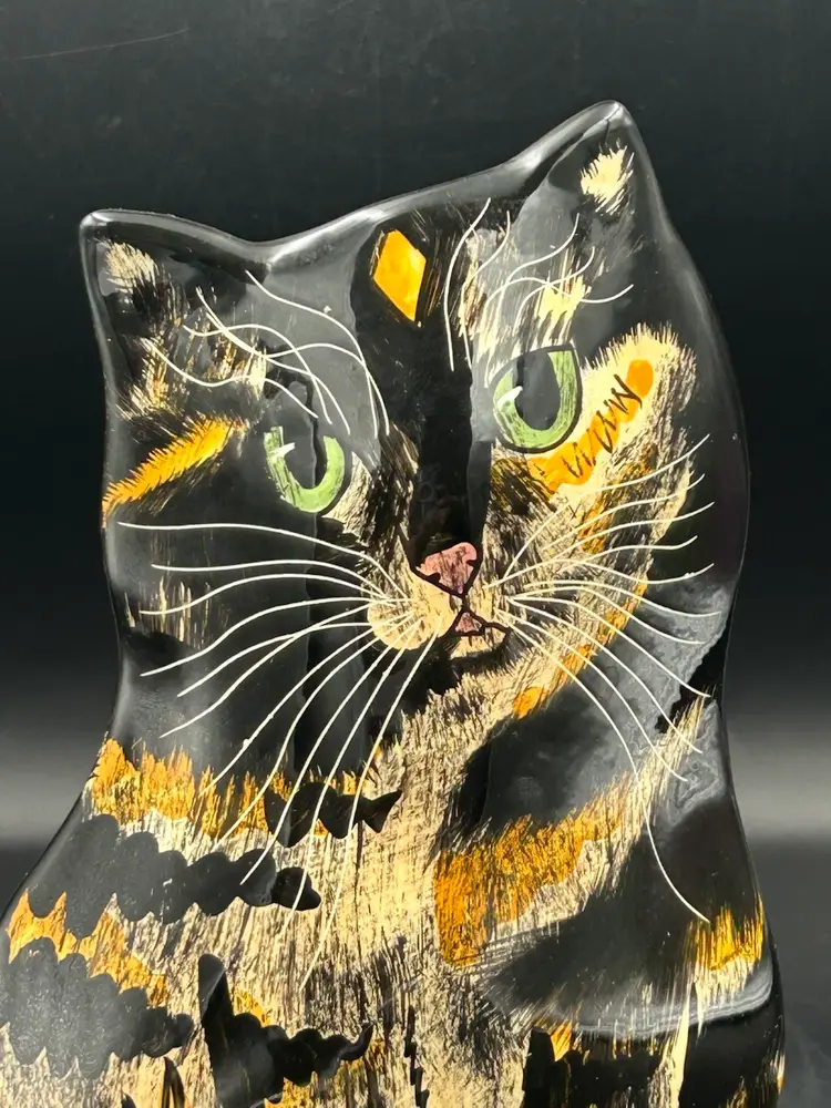 Cats By Nina Lyman Vase/Planter Figurine, Black And Orange Cat With Green Eyes