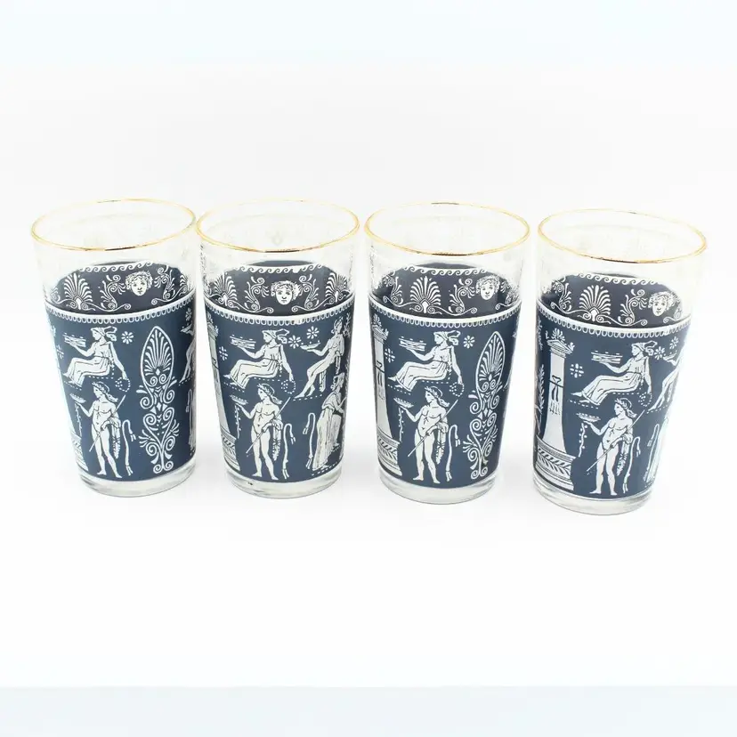 Vintage Set of 4 Jeannette Highball Glasses Corinthian Blue Greek Style Design
