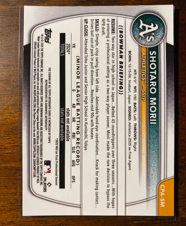 2025 Bowman Chrome Shotaro Morii 1st Prospect Auto Oakland Athletics