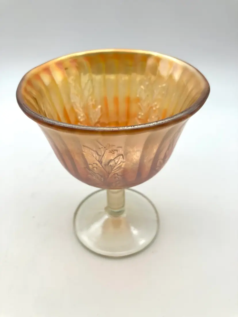 BIN - Vintage Fenton Holly Marigold Carnival Glass Compote 4.25”