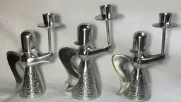 Banka Tinwerks, angel candle holders, silver tone, two 7", one 7.75" Indonesia