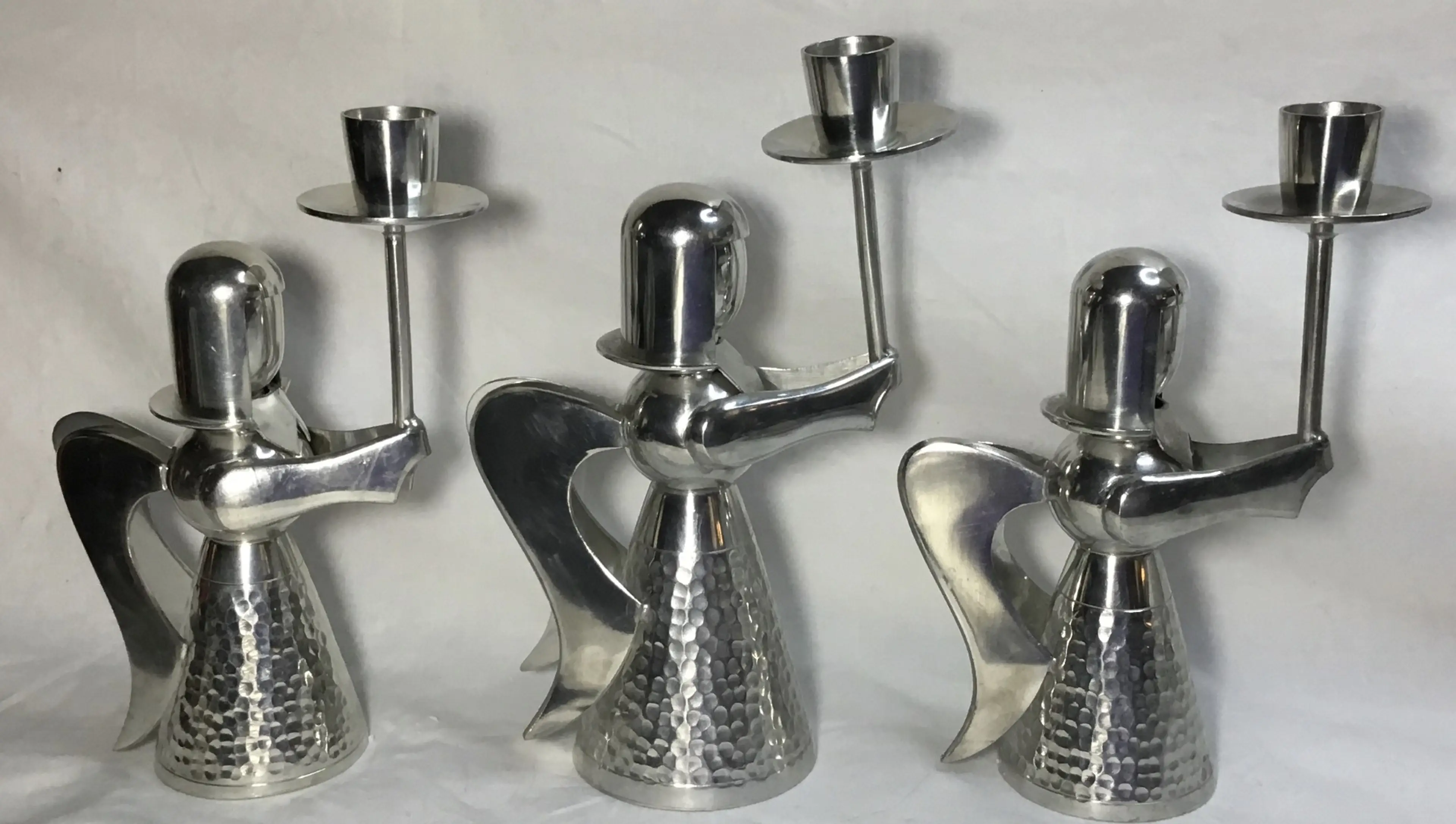 Banka Tinwerks, angel candle holders, silver tone, two 7", one 7.75" Indonesia