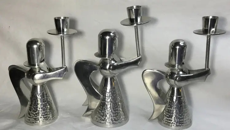 Banka Tinwerks, angel candle holders, silver tone, two 7", one 7.75" Indonesia